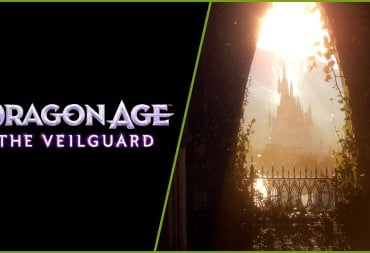 The new logo for Dragon Age: The Veilguard, the new name for Dragon Age: Dreadwolf, alongside a landscape shot from the game