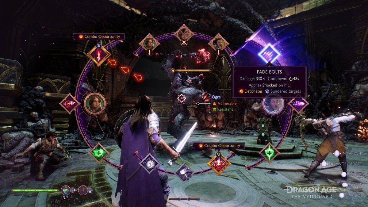 The Dragon Age: The Veilguard ability wheel open and showing off a lot of abilities in the middle of a fight.