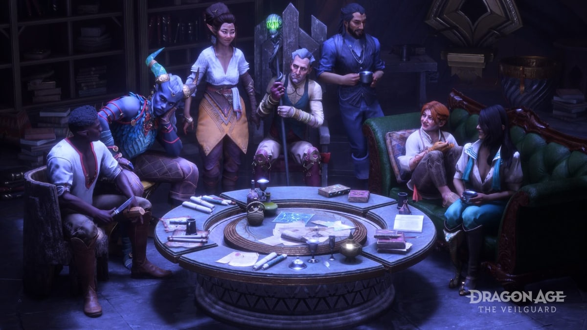 A diverse cast of characters sitting and standing around a round table.