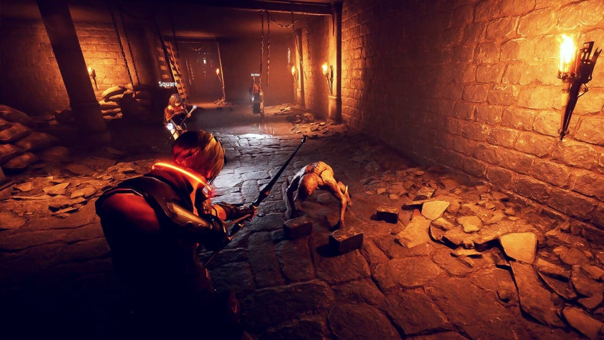 Players engaging in combat with an enemy in the dungeon-crawling PvPvE action RPG Dungeon Stalkers