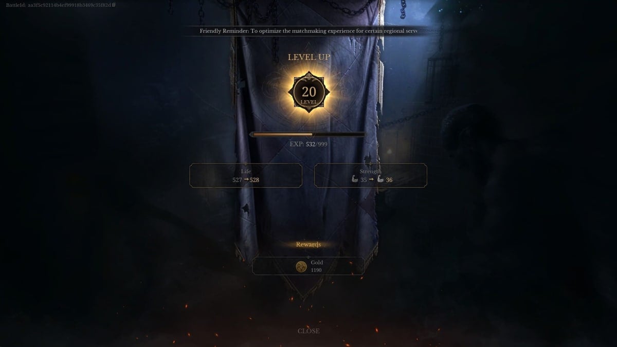 Image of the Post-Dungeon Leveling Screen in Dungeonborne With a Fighter Hitting Level 20