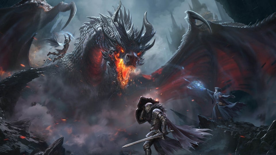 Warriors facing a dragon in artwork for Dungeonborne