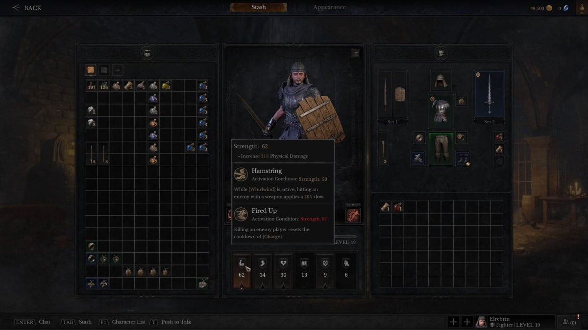 Image of a Fighter in Dungeonborne With the Strength Stat Highlighted