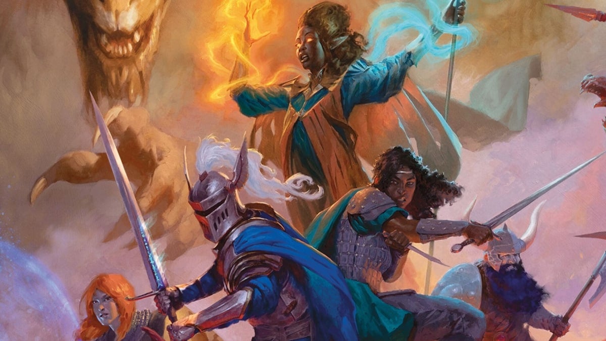 Promotional artwork of the Dungeons & Dragons 2024 Core Rulebook, showing an adventuring party surrounded by monsters.