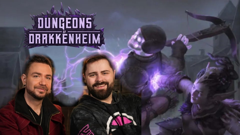 Dungeon Dudes, Monty Martin and Kelly McLaughlin, against the logo and artwork for Dungeons of Drakkheim