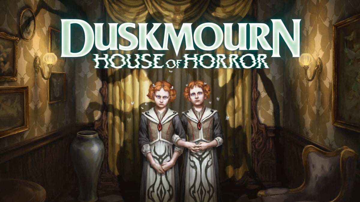 Unsettling Twins art beneath Duskmourn House of Horror  logo