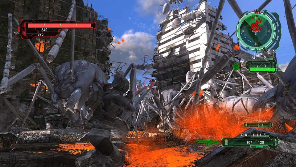 earth defense force 6 fighting frog aliens with battle overlay on screen