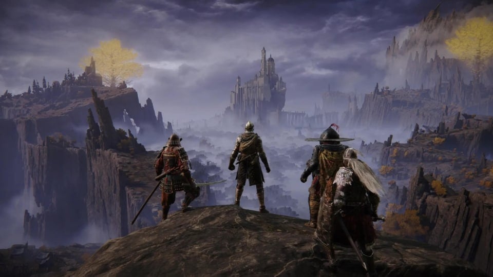 Four players looking out over the Lands Between in the Elden Ring Seamless Co-op mod