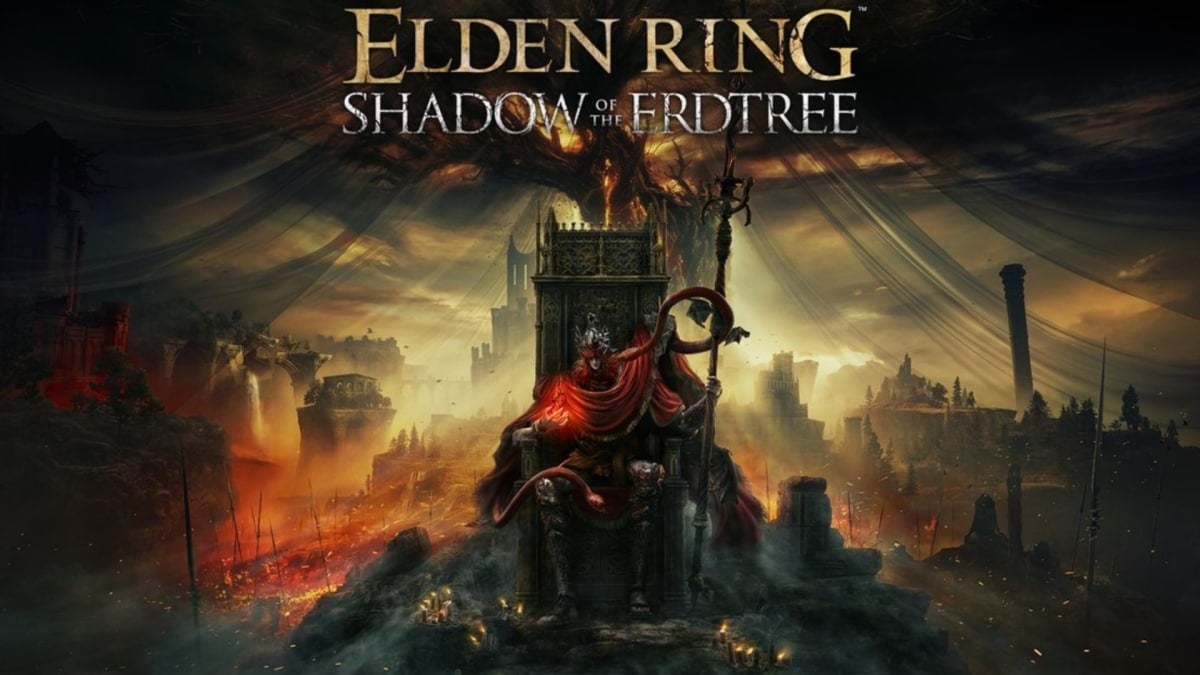 Elden Ring Shadow of the Erdtree key art showing a character dressed in red sitting on an ashy throne