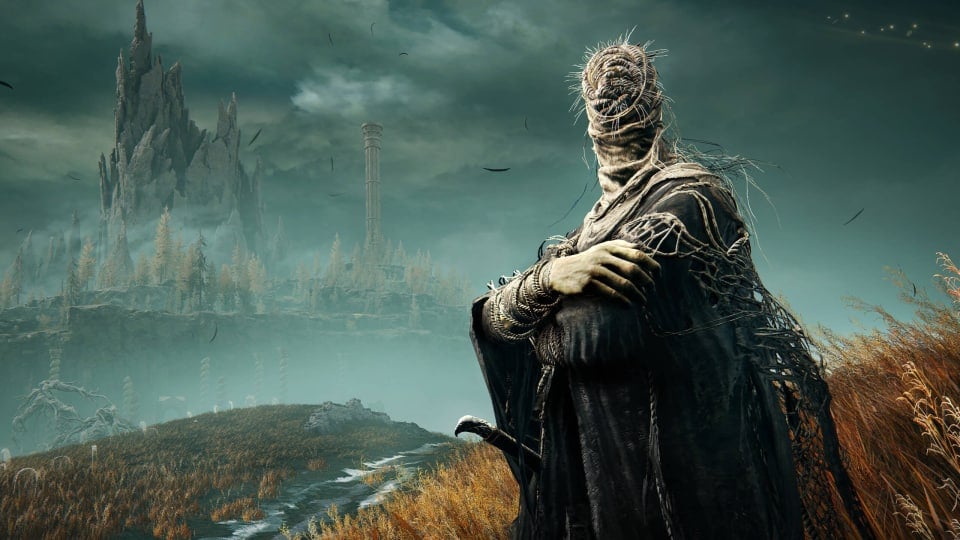 An NPC with the Land of Shadow in the background in Elden Ring: Shadow of the Erdtree