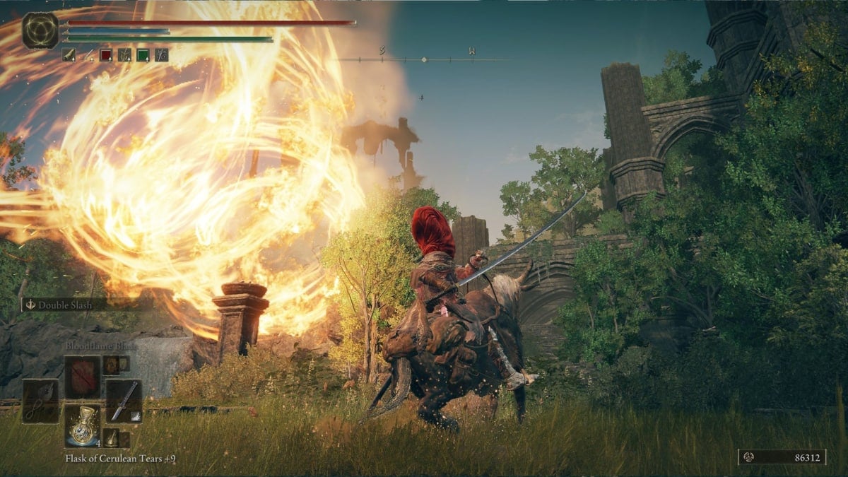 elden ring shadow of the erdtree screenshot showing a warrior on a horse avoiding a giant laser made of light and fire