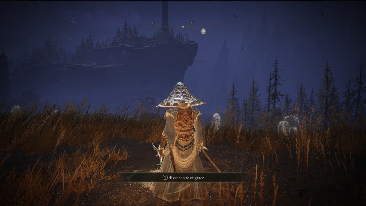 Elden Ring Shadow of the Erdtree screenshot showing a warrior with a strange metal cone on their head standing in a golden field