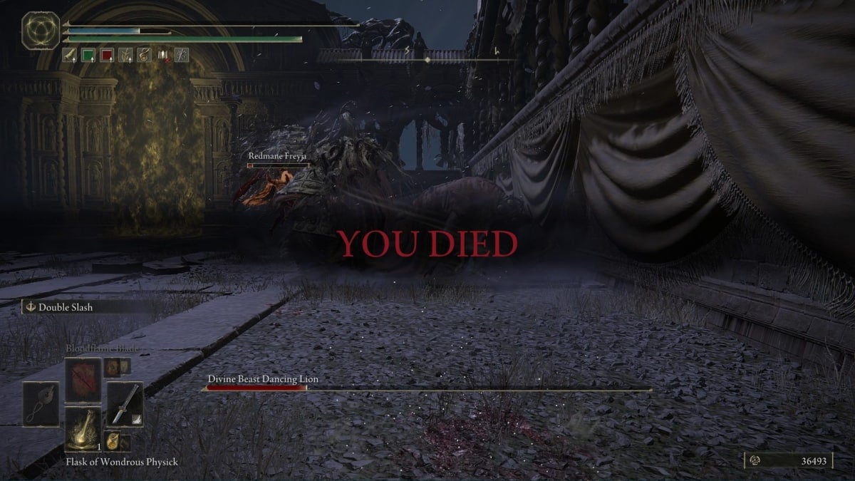 elden ring shadow of the erdtree screenshot showing a you died message over the top of a scene of the ongoing battle 