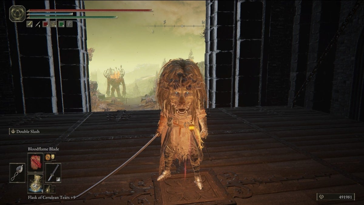 elden ring shadow of the erdtree screenshot showing someone with a comically large sword and a giant lion head