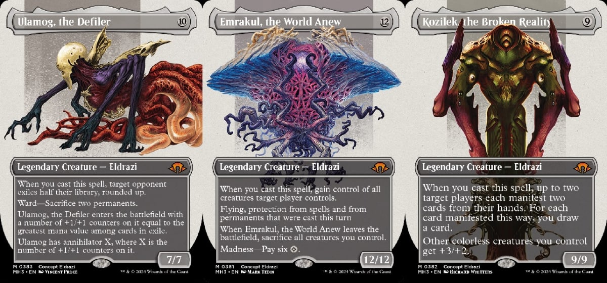 Ulamog, the Defiler, Emrakul, and Kozilek all in Borderless Concept Eldrazi form