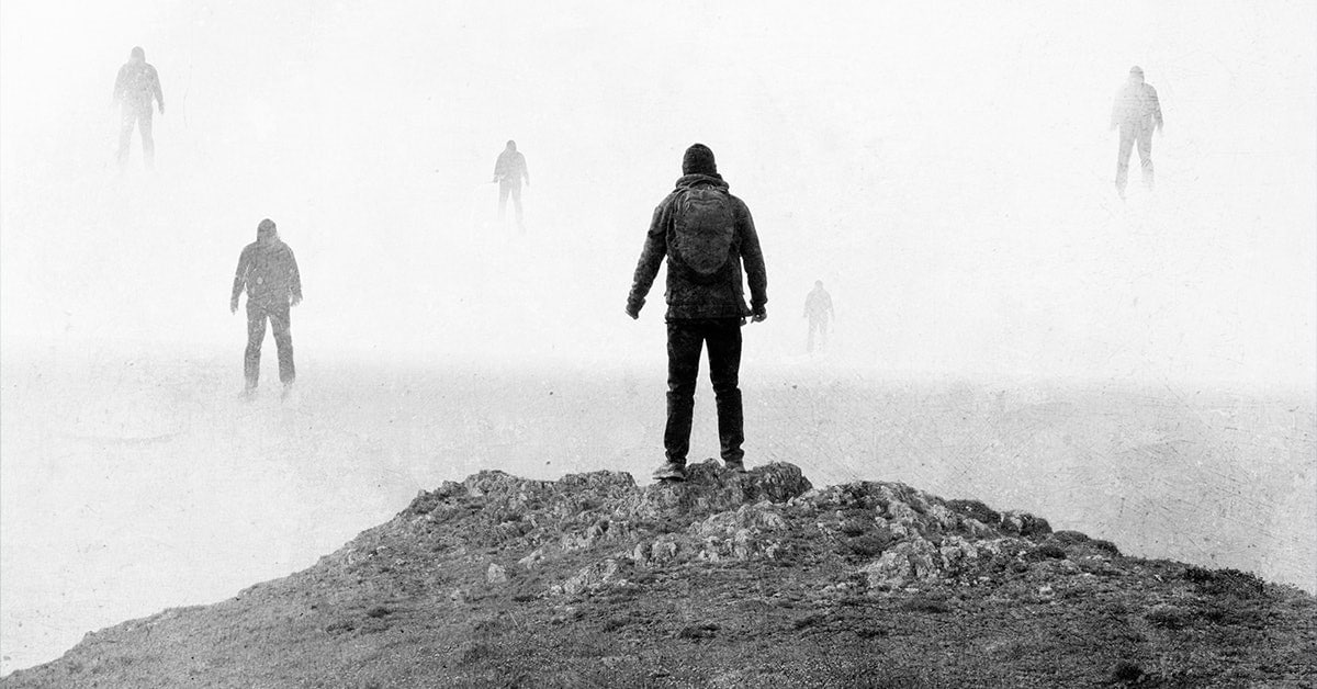 A promo image from Eldritch Automata, showing someone standing on a cliff overlooking a foggy sky. Silouhettes of other people are visible in the fog.