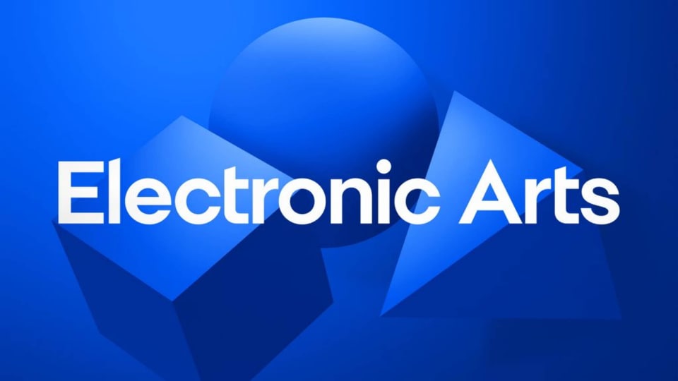 A modern Electronic Arts logo with three 3D geometric shapes in the background