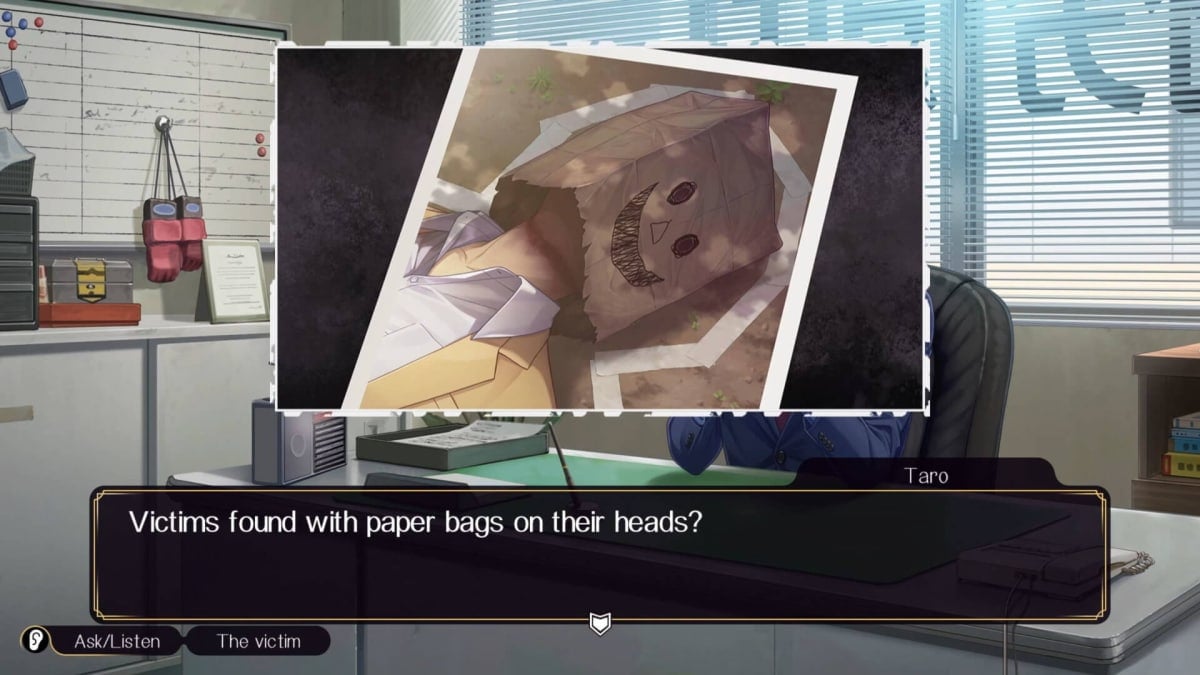 Taro asking about victims found with paper bags on their heads in Emio - The Smiling Man: Famicom Detective Club