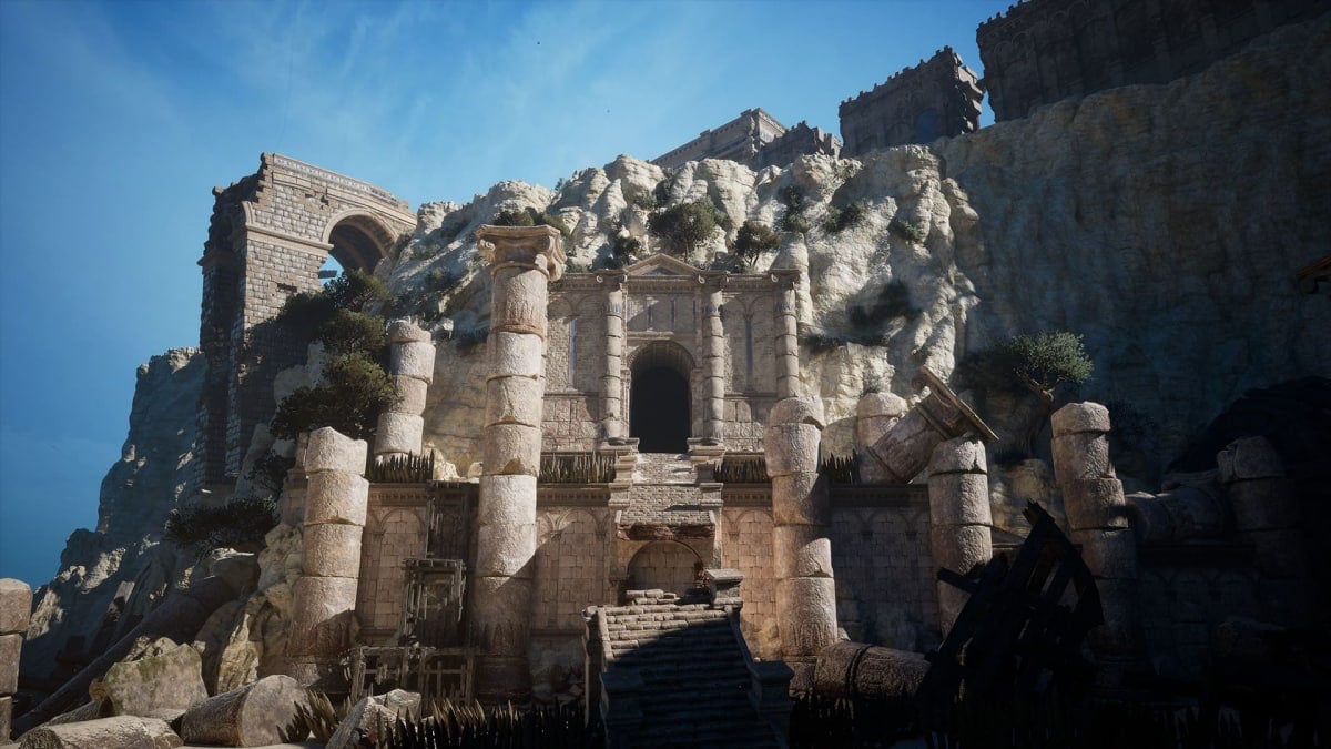 A wide shot of Falesia Temple in Enotria: The Last Song