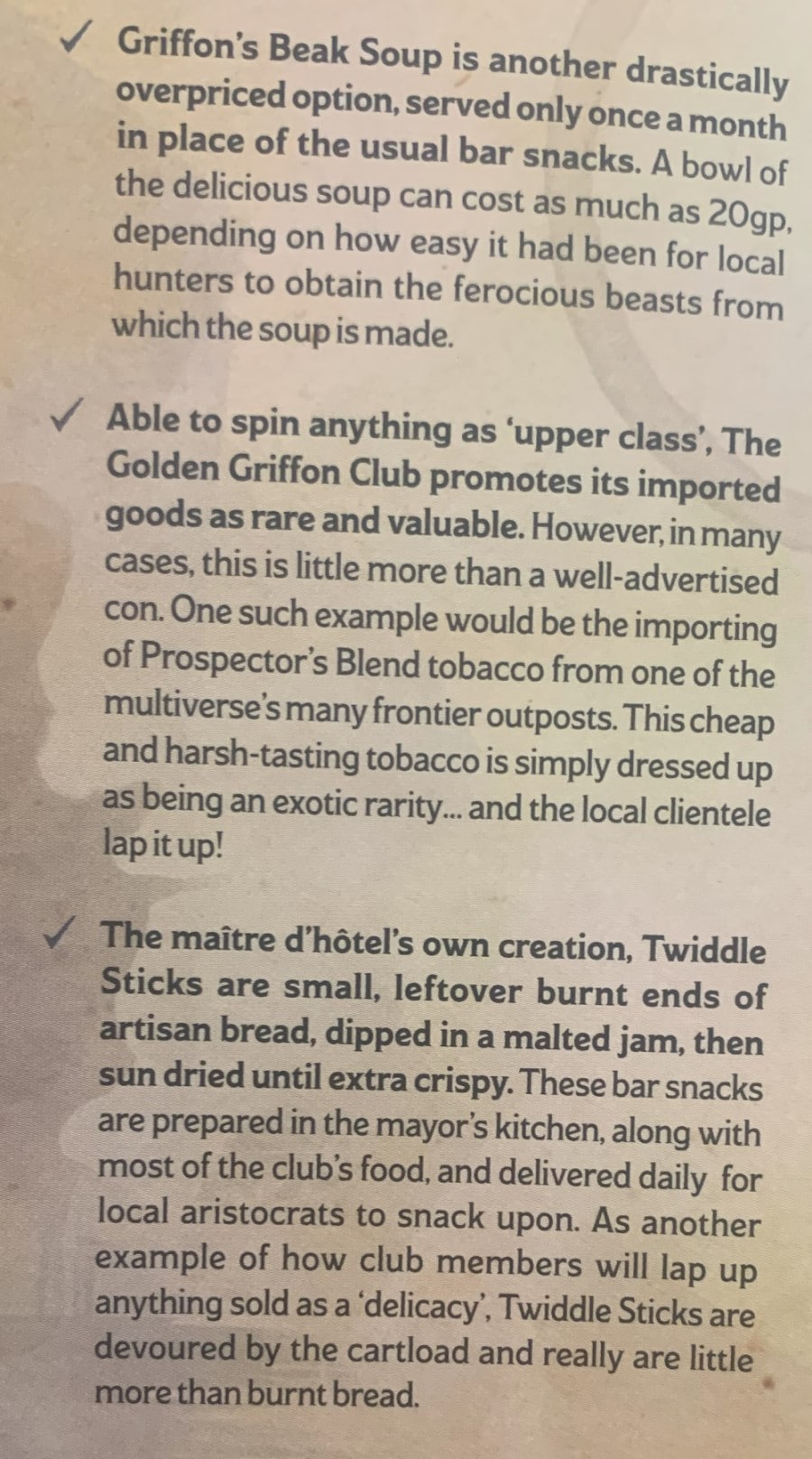 A screenshot of text describing the meal and drink menu of the Golden Griffon Club from the Epic Encounters: Local Legends Tavern Kit.