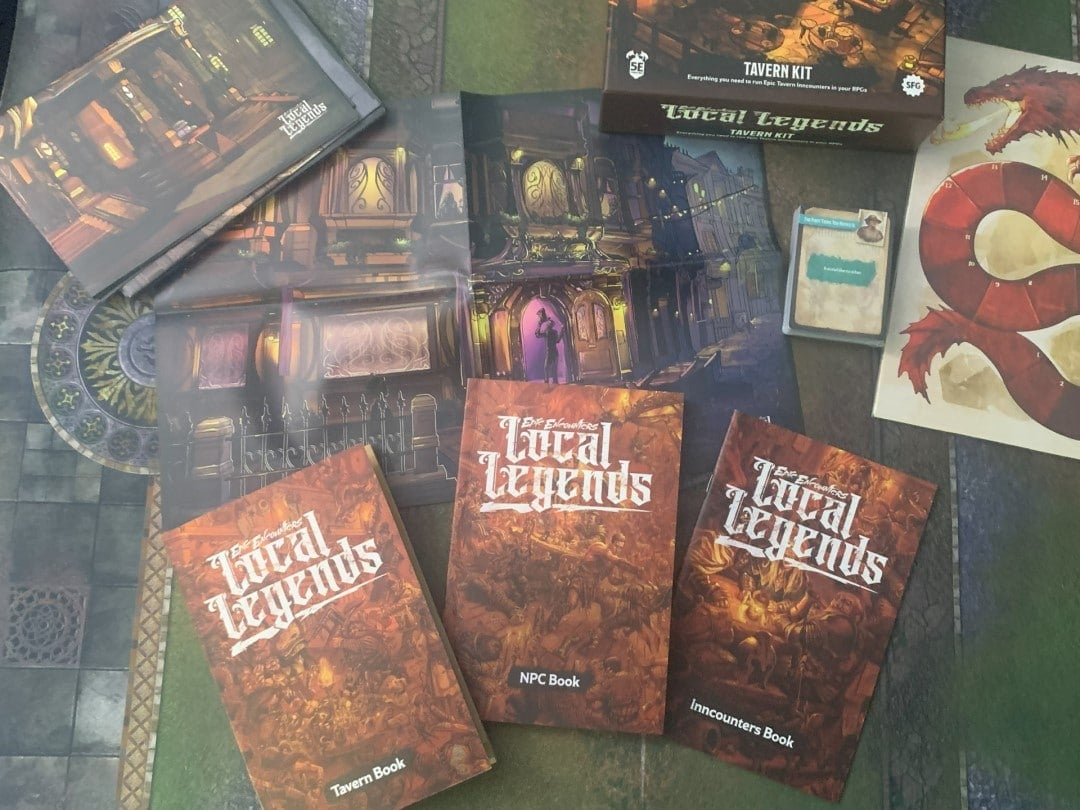A screenshot of booklets, maps, and cards from the Epic Encounters: Local Legends Tavern Kit
