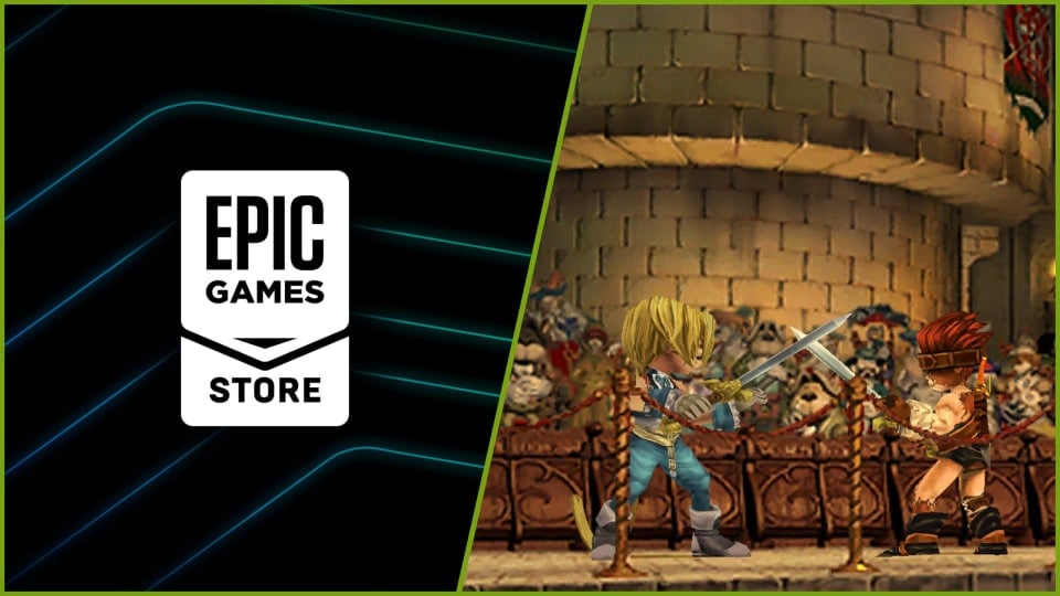 The Epic Games Store logo next to a shot of Zidane and Blank swordfighting in Final Fantasy IX