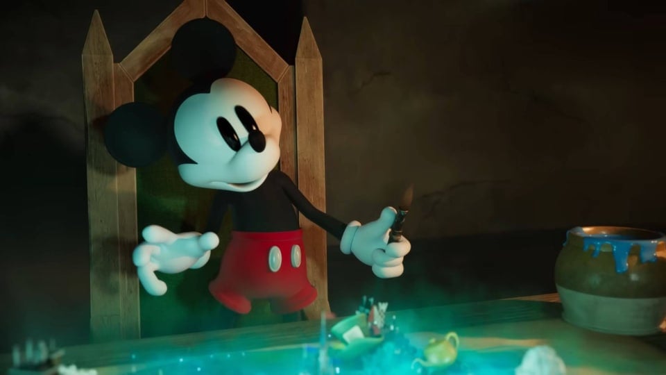 Mickey looking curious and holding a paintbrush in Epic Mickey: Rebrushed