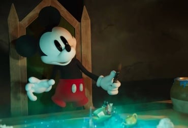 Mickey looking curious and holding a paintbrush in Epic Mickey: Rebrushed