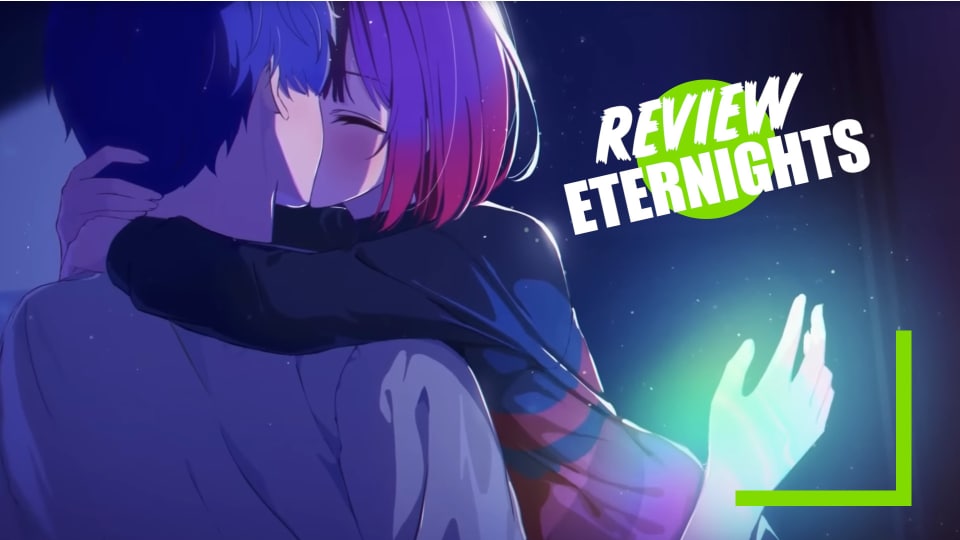 The main character sharing a kiss from Eternights with the name and review graphic overlayed