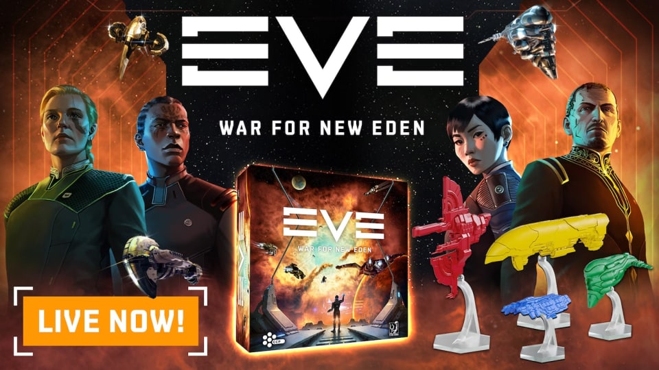 Promotional screenshot of EVE: War For New Eden, featuring the box art, ship miniatures, and several officers in the background.