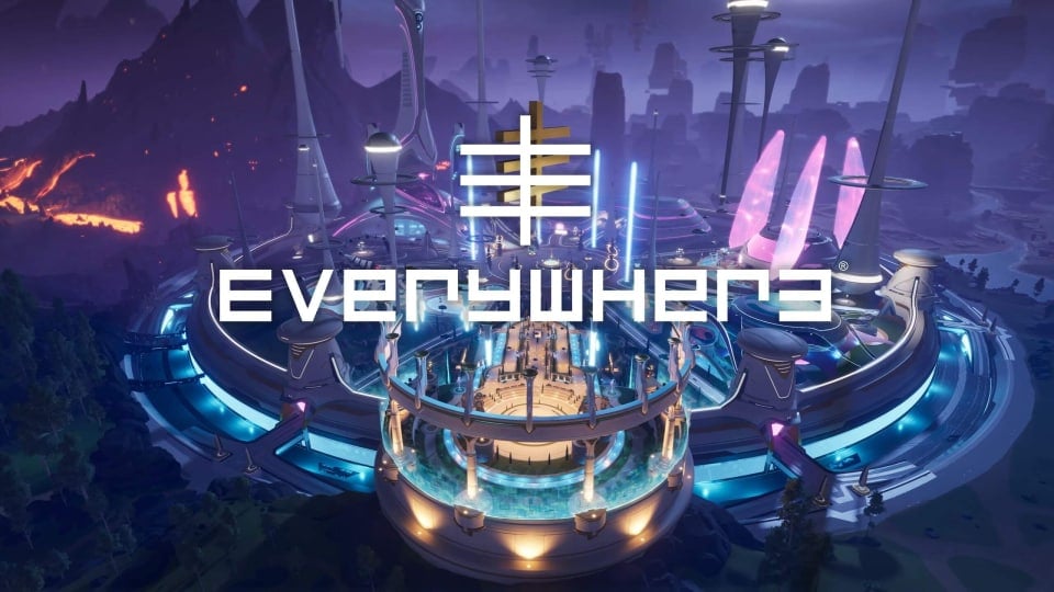 The Everywhere logo against a backdrop of a futuristic city