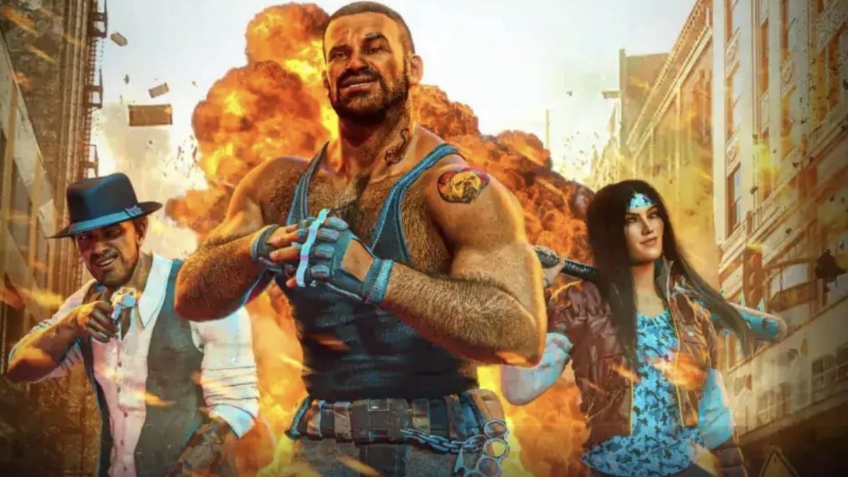 Promotional image of the TTRPG Everyday Heroes by Evil Genius Games, showing a guy in a hat with a gun, a guy in a tank top cracking his knuckles, and a girl with a spiked baseball bat, all walking away from an explosion.