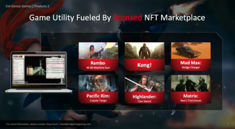 A screenshot from Evil Genius Games owner Dave Scott's video presentation to Consensus 2024, showing characters from Everyday Heroes minted as NFTs