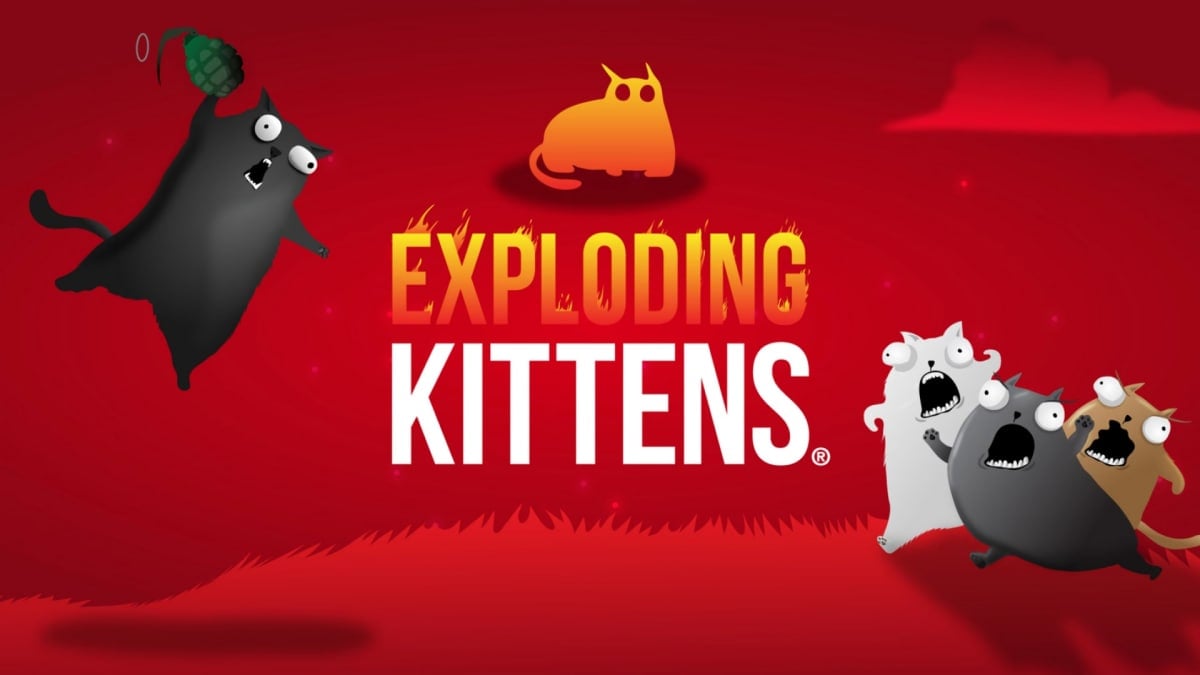 The logo for the game Exploding Kittens on a red background, a pair of kittens are in the background, holding grenades.