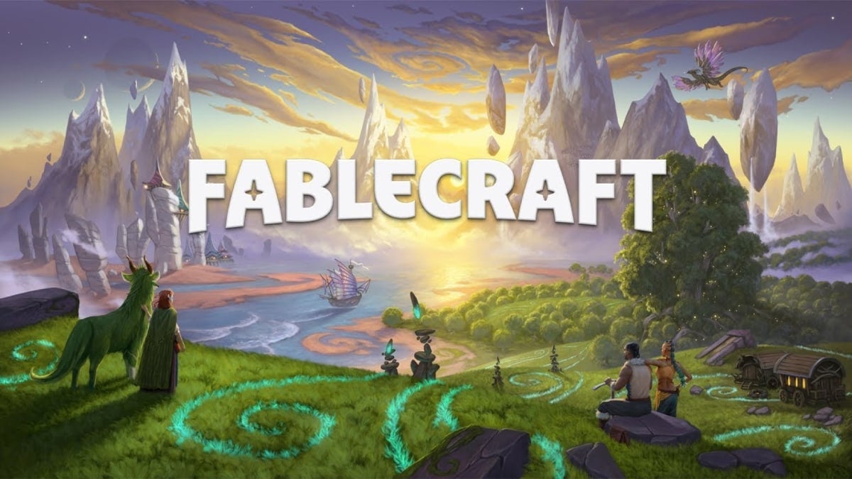 A promotional image of Fablecraft, showing the game's title in front of a vast fantasy landscape. Glowing lines, creatures, ships, and adventurers can be seen.