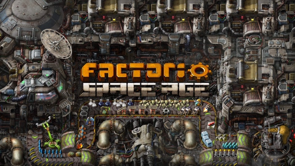 The logo for the Factorio: Space Age expansion against a backdrop of machinery