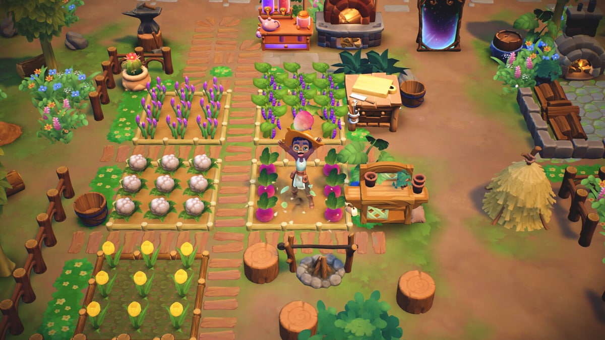 A player looking happy amongst their crops in Fae Farm