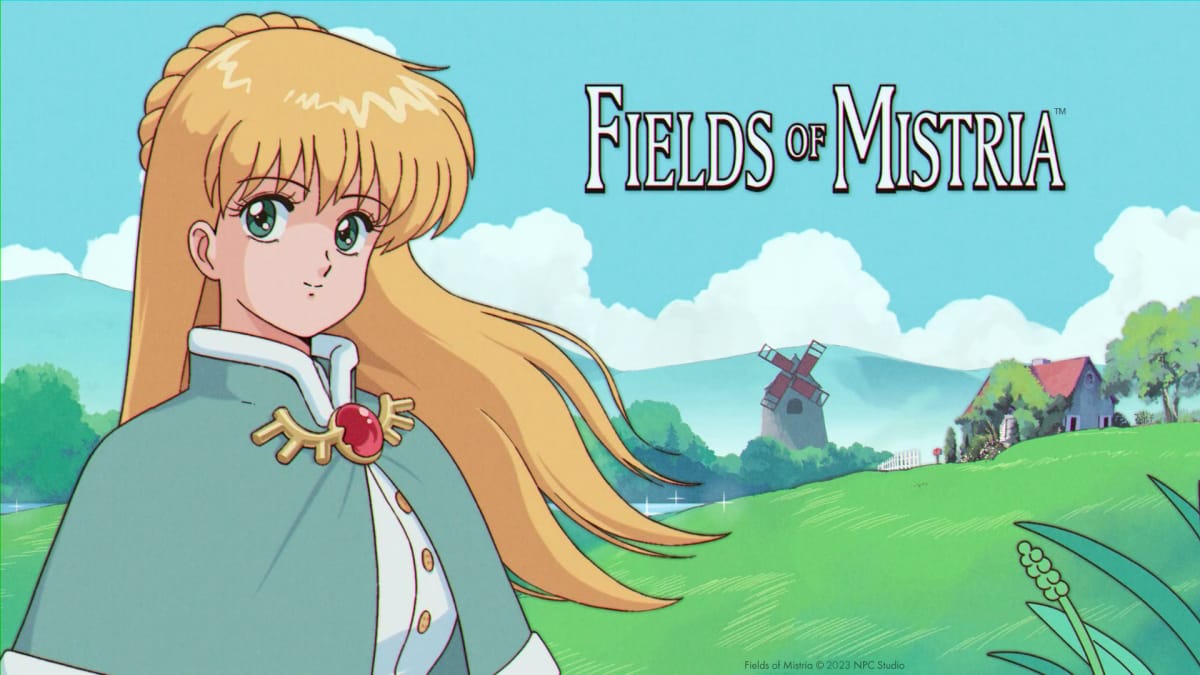 Blond character standing in front of a village, with the Fields of Mistria logo to the right.