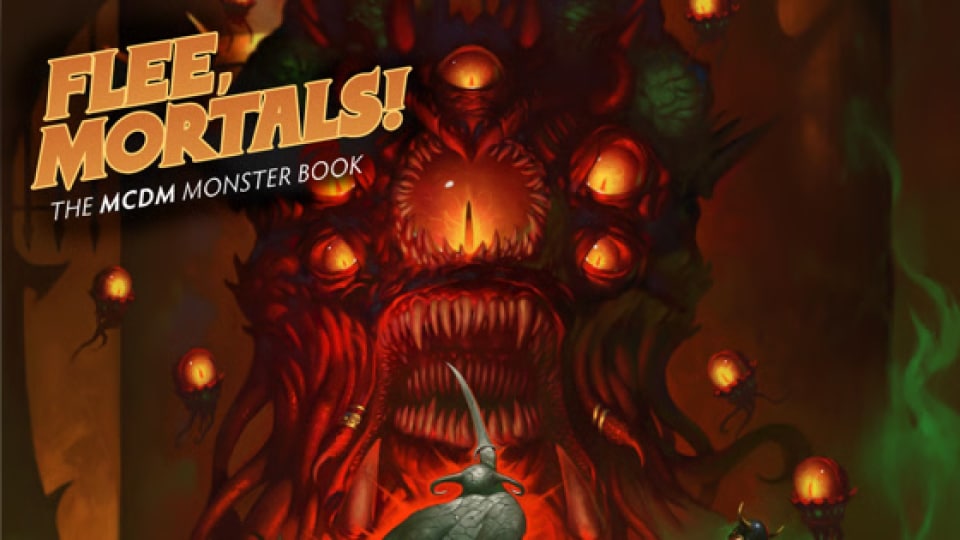 Official book artwork of Flee, Mortals!, showcasing a giant monster with multiple eyes terrorizing an adventuring party.