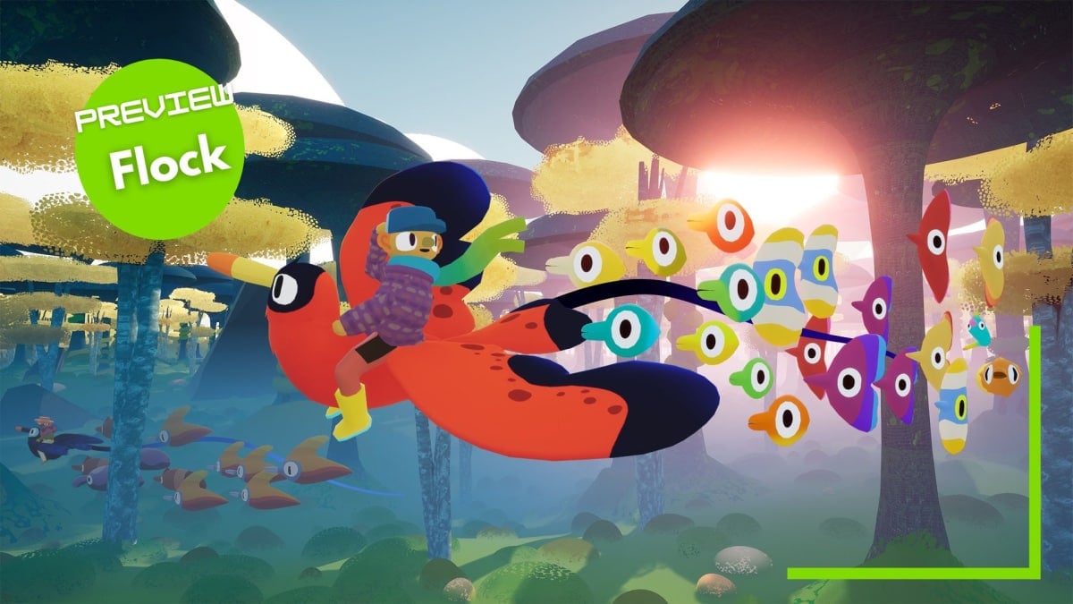 A large red bird with a child on its back being followed by a colorful bunch of flying creatures.