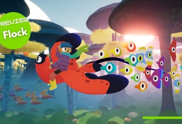 A large red bird with a child on its back being followed by a colorful bunch of flying creatures.