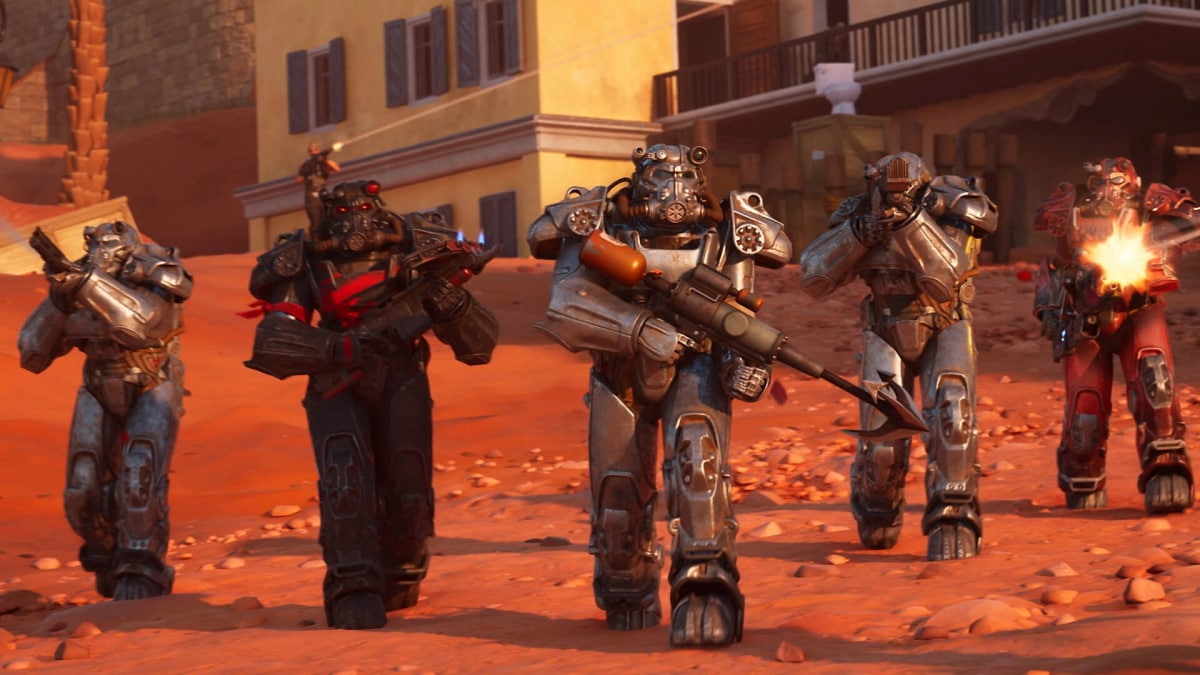 Characters wearing Fallout power armor walking towards the camera in Fortnite