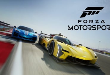 A spread-shot cover of Forza Motorsport, showcasing a yellow Cadillac race car and blue Chevrolet sports car racing close to each other, with the game logo in the top right.