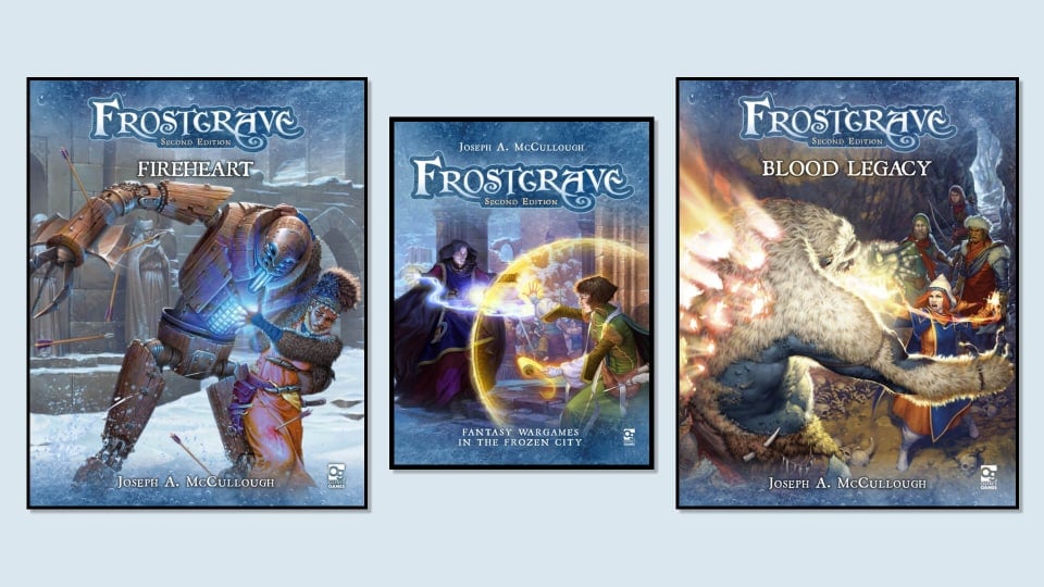 The covers for Frostgrave 2nd edition, Fireheart, and Blood Legacy.