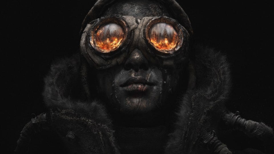 Key art for Frostpunk 2, depicting a person in goggles and cold weather clothing