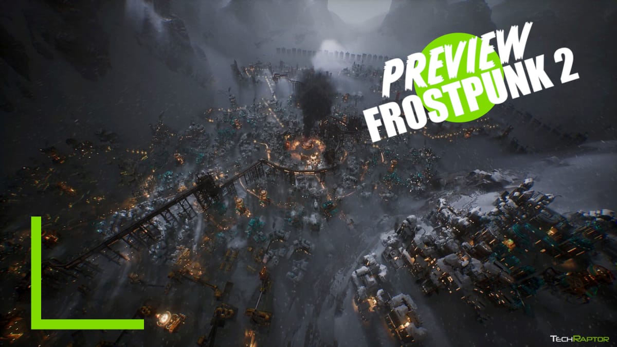 A city in Frostpunk 2 densly packed with smoke and snow