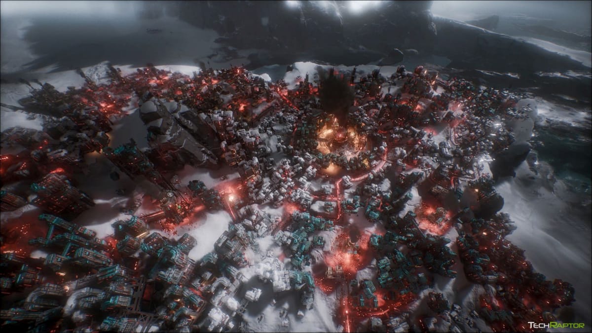 The city in Frostpunk 2 glowing red