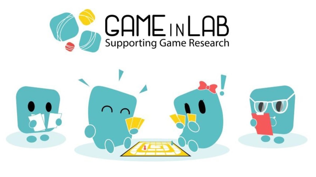 A promotional image of the Game in Lab program, showing four stylized blue squares playing a board game.