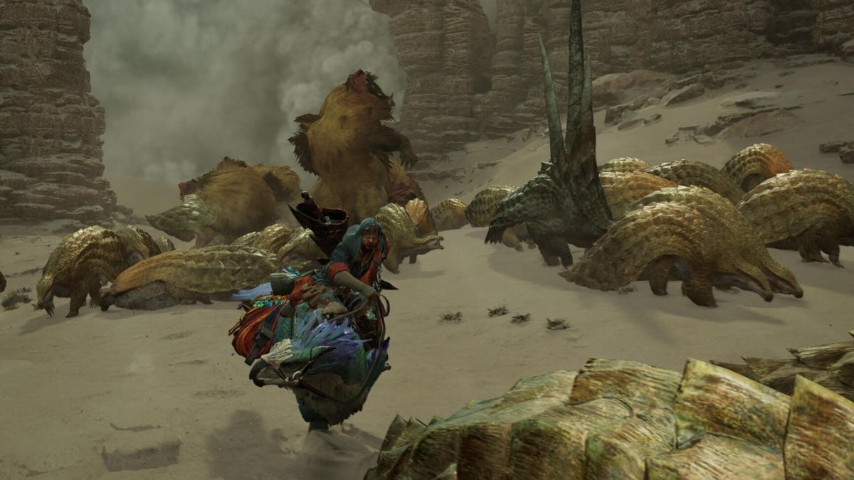 A player riding their mount through a stampede in Monster Hunter Wilds