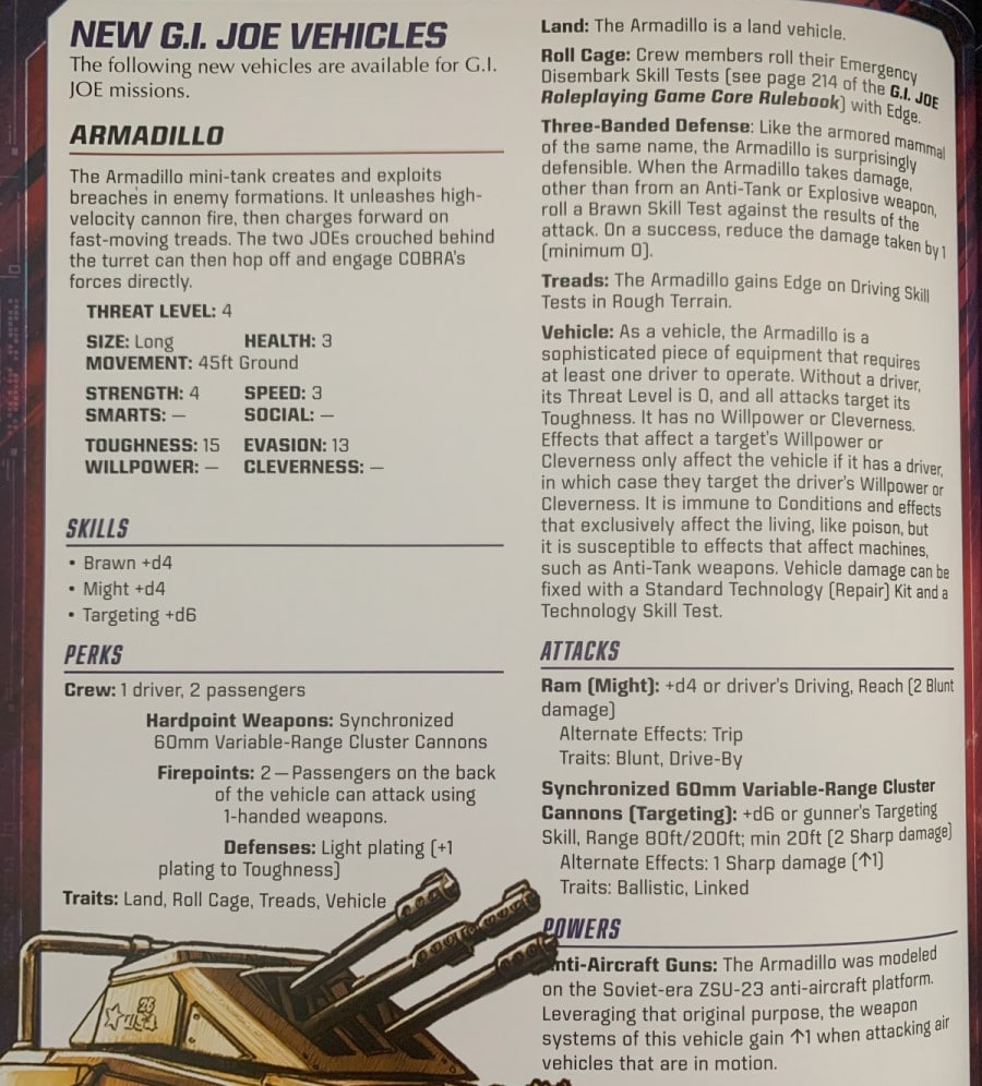 A screenshot from GI Joe Quartermaster's Guide to Gear showing a statblock for an Armadillo tank